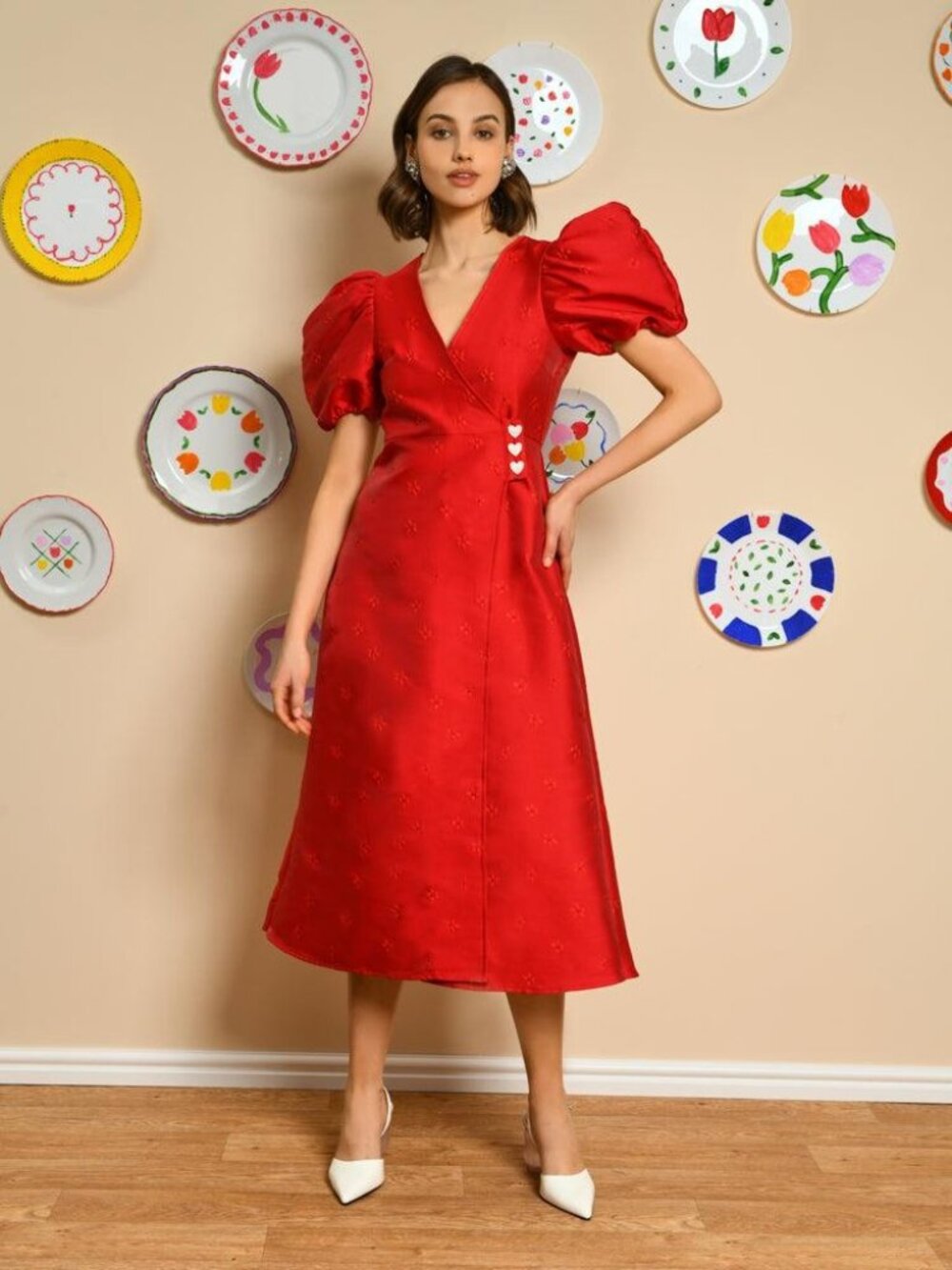 Sister Jane Retro Style Red Cherry Petals Puff Sleeve Wrap Midi Dress Size M